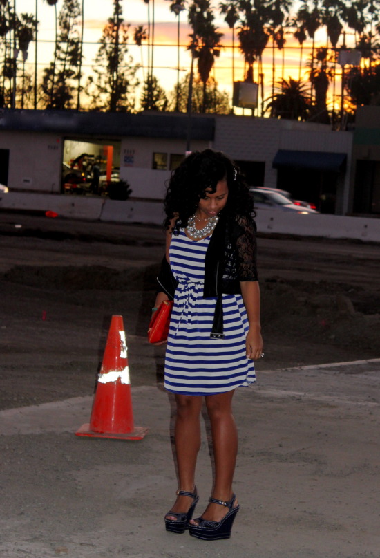 Fredericks of Hollywood Jacket, Miu Miu wedges, LV bag