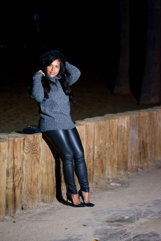 leather pants and sweater