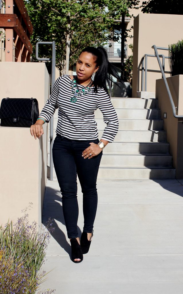 Alice and Olivia Blouse, Levi's Jeans, Gucci Booties