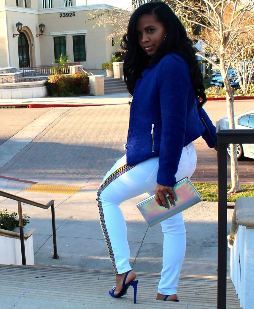 Wearing - blue blazer, Guess embellished white jeans, Balenciaga blue sandals