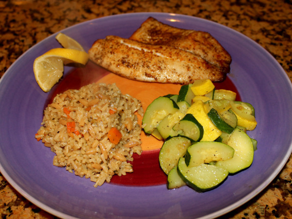Tilapia, brown rice, and zucchini