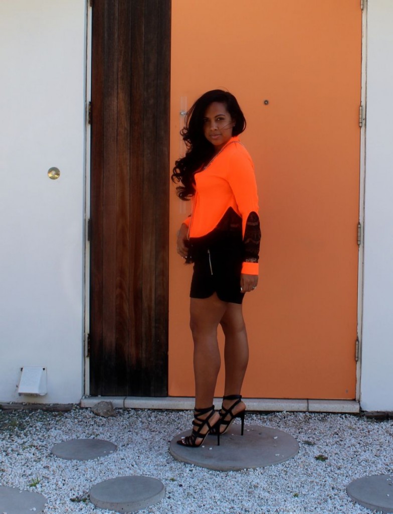 Wearing - Neon Orange Top, Black Shorts, Rupert Sanderson Heels, Gucci cross shoulder bag