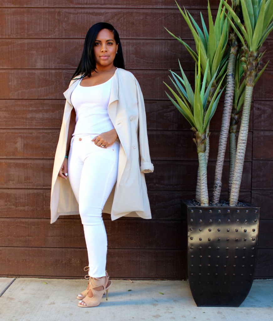 Lightweight Trench Coat, Target Tank, Genetic Denim, Aquazzura Nude Suede Booties, Finery LA Clutch