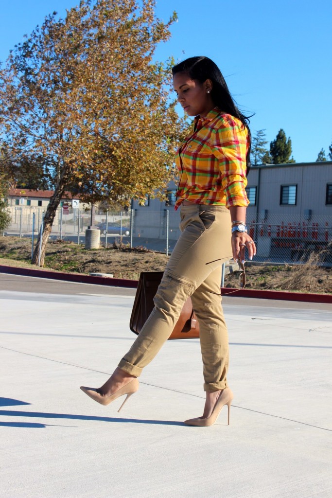 Calvin Klein khaki pants women, Ralph Lauren Plaid Shirt, Saint Laurent Bag, Jimmy Choo Pumps, Dolce&Gabbana