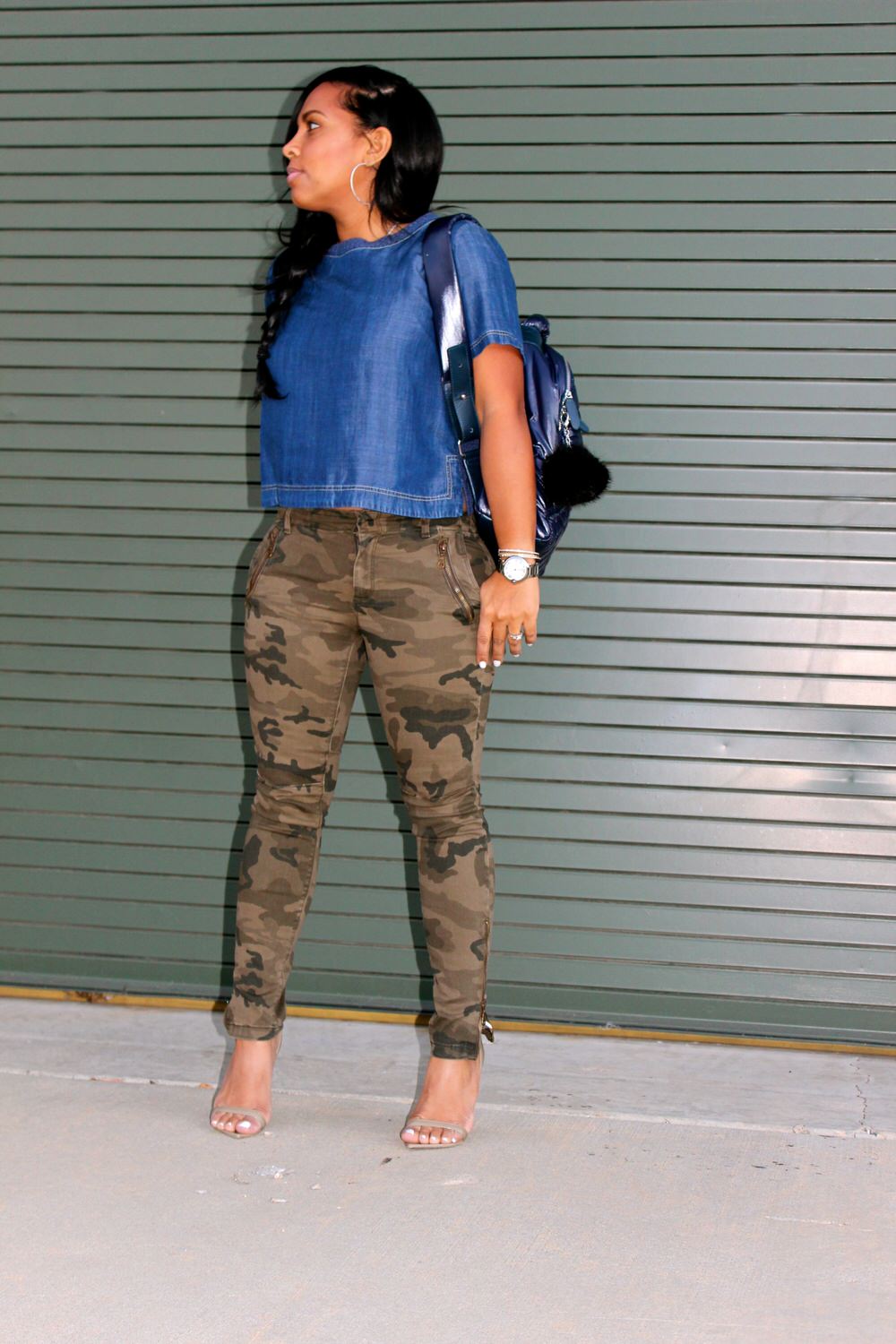 Denim top, Camouflage Pants, Givenchy Heels