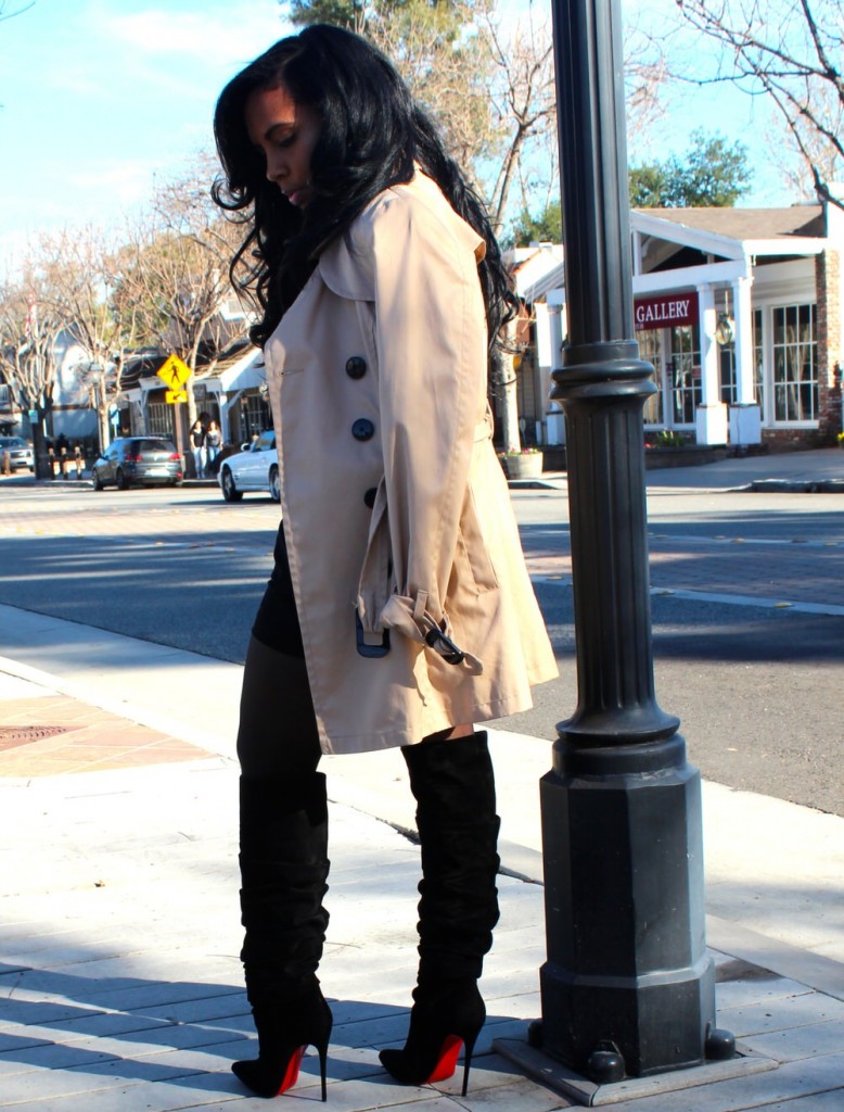 Blouse, Trench Coat, Shorts, Stockings, Wild Fox Shades, Christian Louboutin Boots