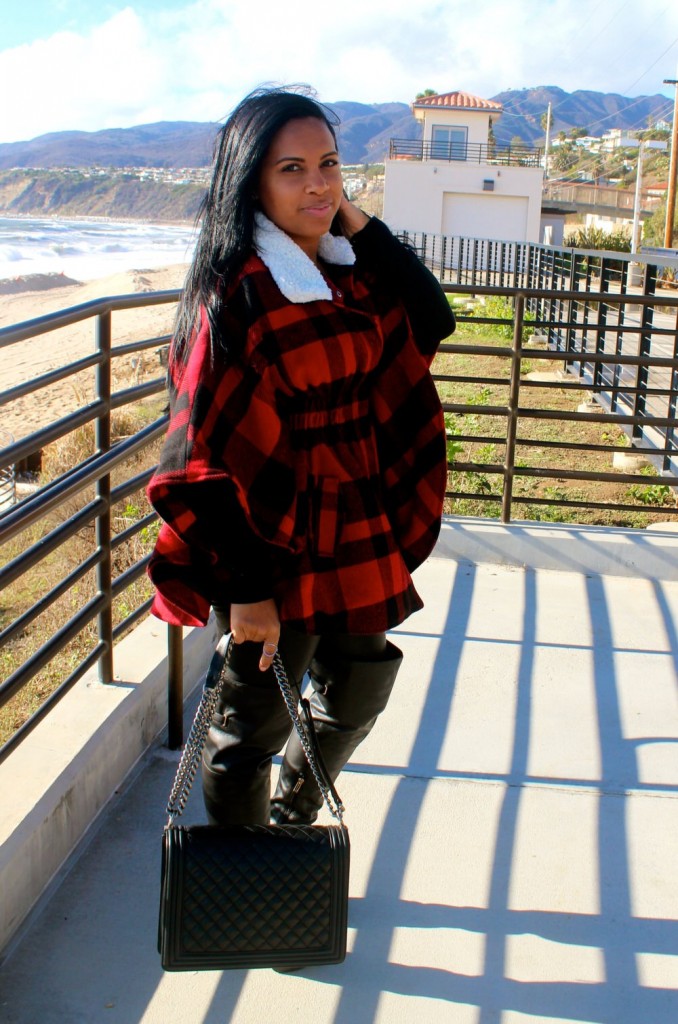 Wearing - plaid coat, J. Crew, leather pants, Jessica Simpson Over the Knee Boots, Chanel handbag