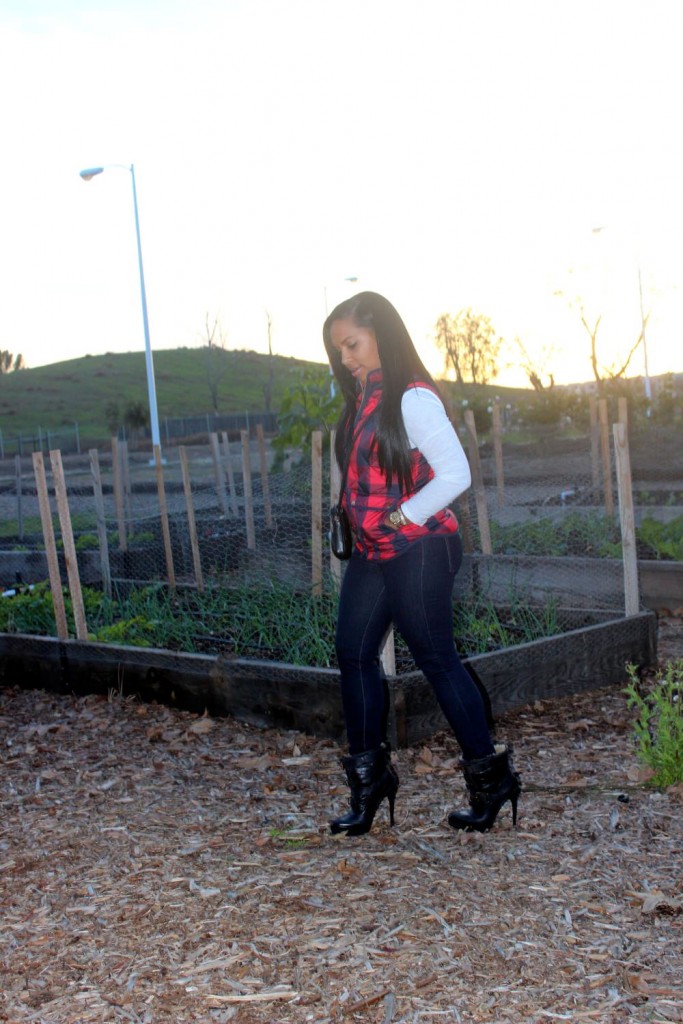 J Crew Excursion Quilted Vest in Buffalo Check, 7 for All Mankind jeans, Burberry boots, Chanel handbag