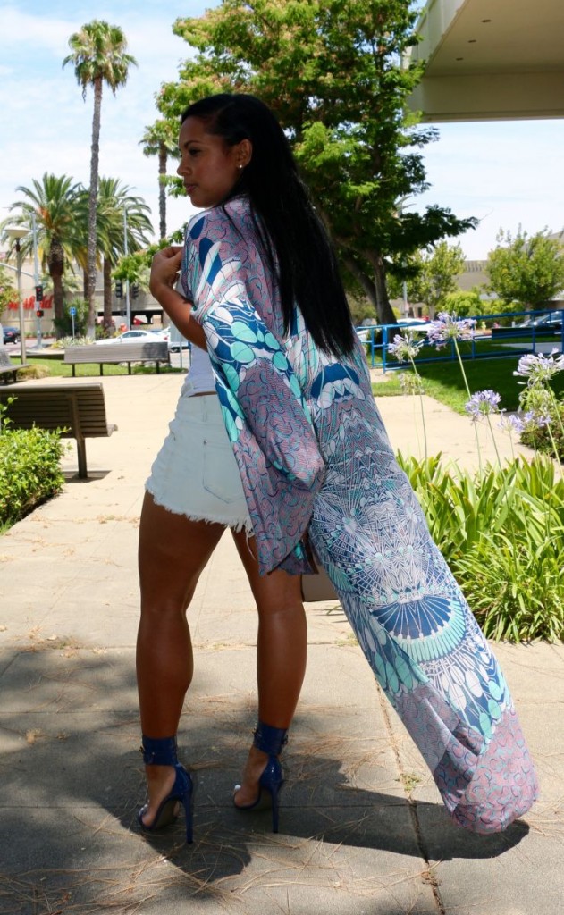 Wearing - BCBG Maxazria Cape, denim shorts, Gucci Ursula high heels, Gap tank