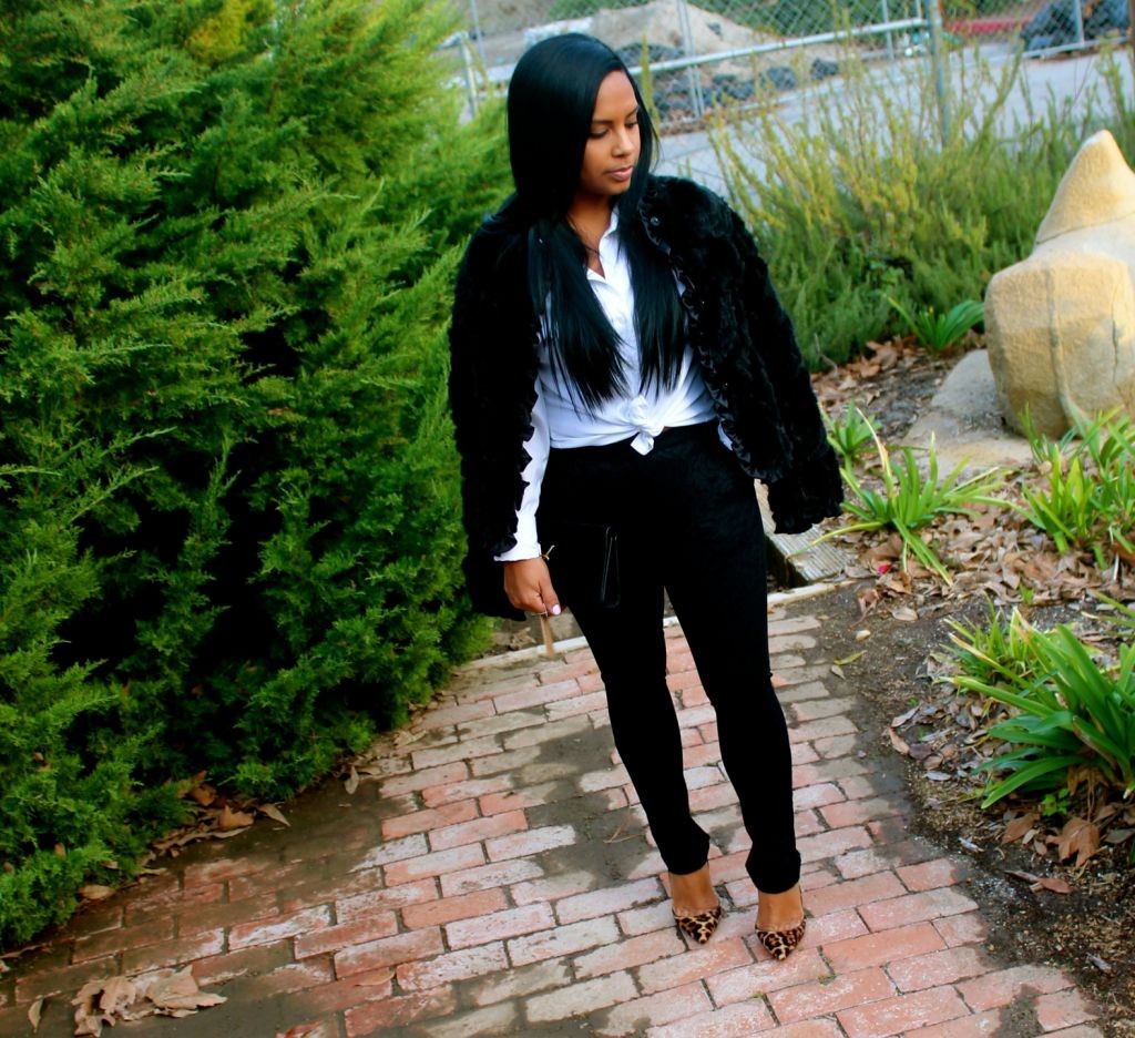 Wearing - Mink Coat, White men’s shirt, DVF Pants, Christian Louboutin Leopard Pumps