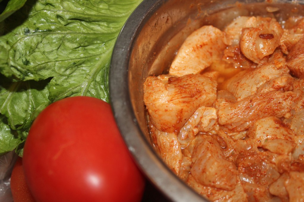 marinated chicken, tomatoes, lettuce