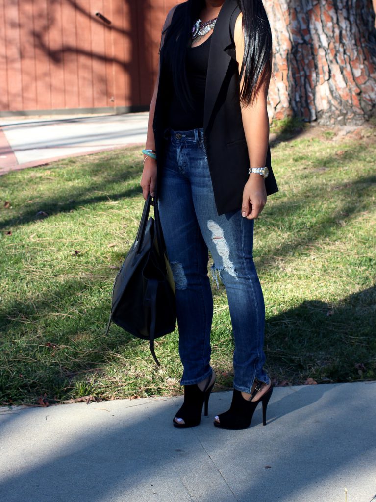 Express vest, Random tank, Dylan George Jeans, Gucci Booties, Celine Bag