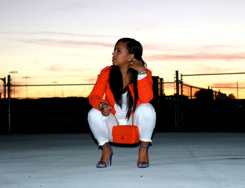 Wearing - Orange Chanel inspired Tweed Jacket by Zara, James Perse Tank, Genetic Denim White Jeans, Balenciaga Sandals