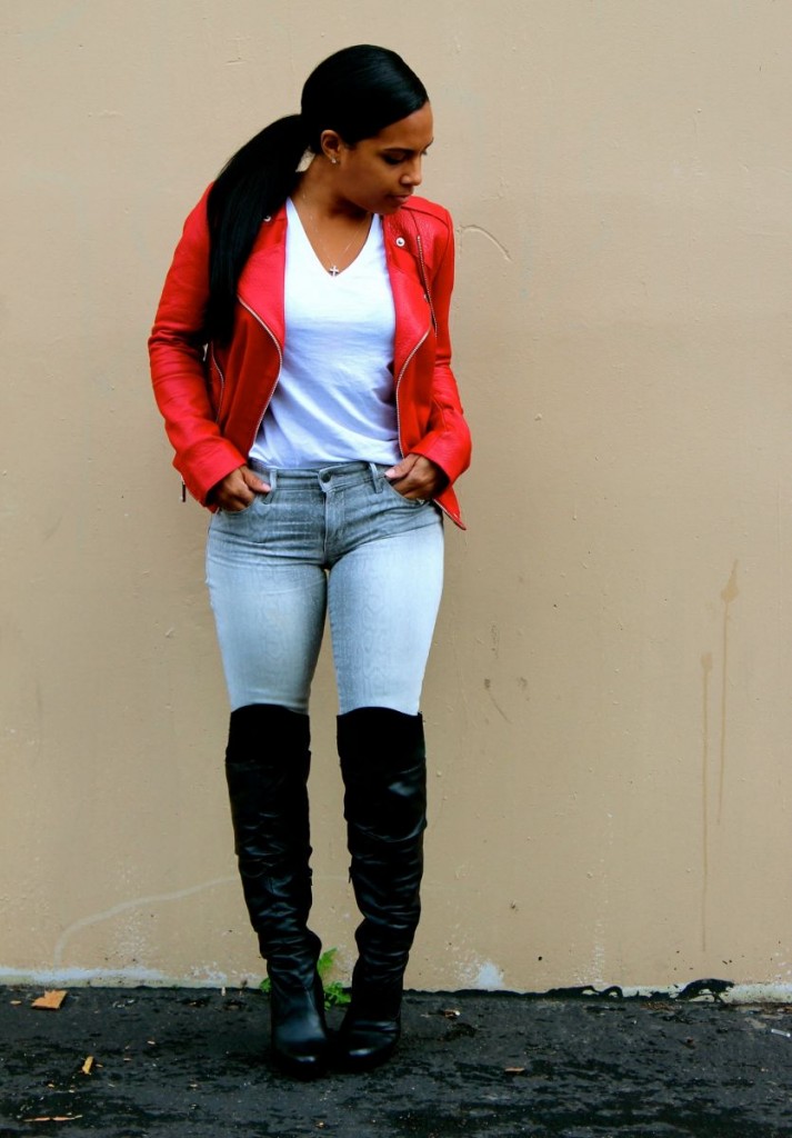 Wearing - Michael Kors Red Leather Moto Jacket, Gap White tee, Joe’s Snake Print Jeans, Jessica Simpson Boots