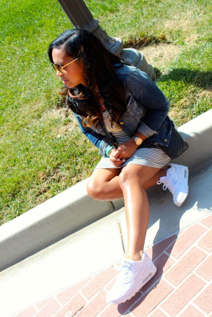 Wearing - Jean Jacket, Striped Dress, Nike Runners, Chanel Purse
